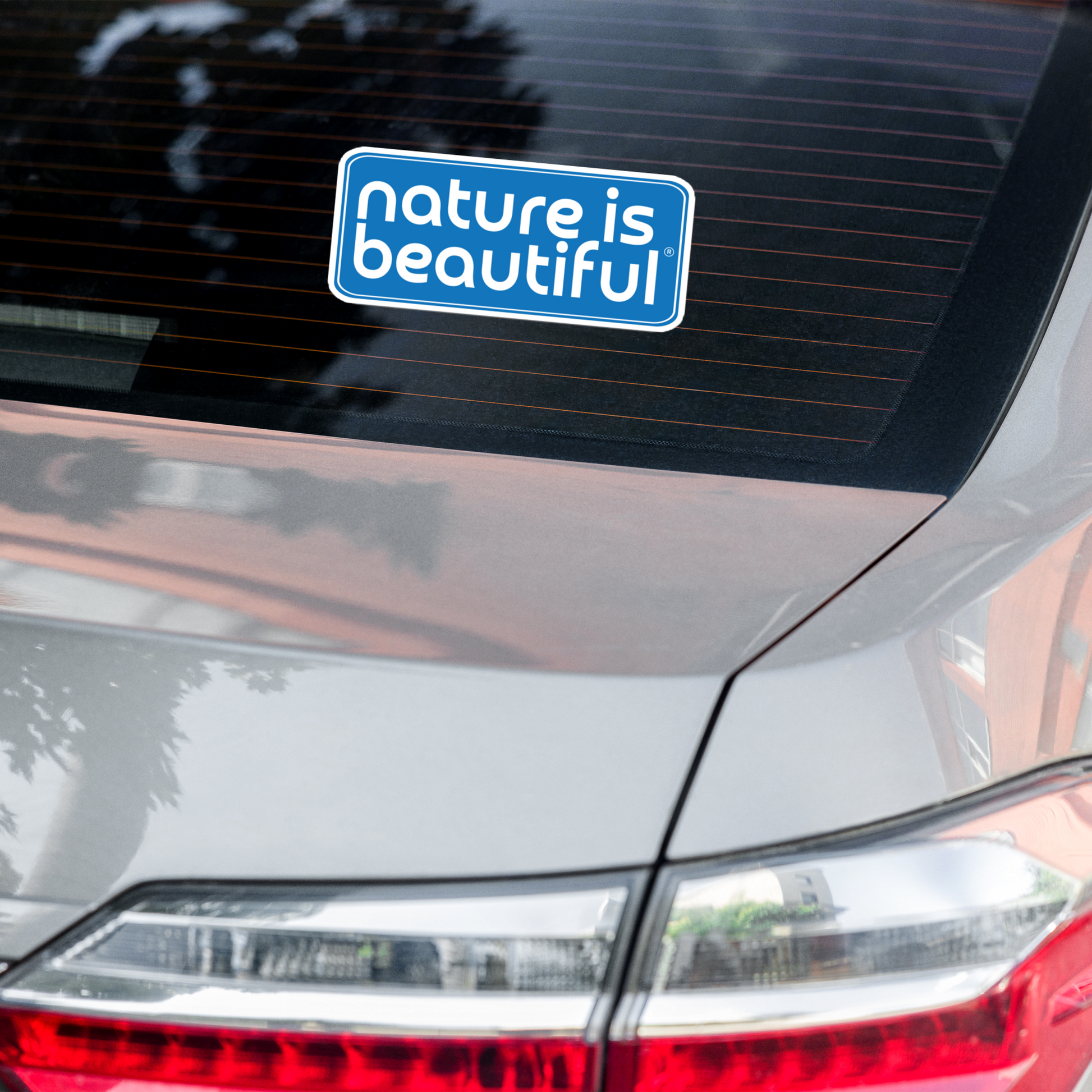 Nature Is Beautiful® Vinyl Bumper Sticker – White Logo on Blue, Bubble‑Free Eco‑Durable Decal