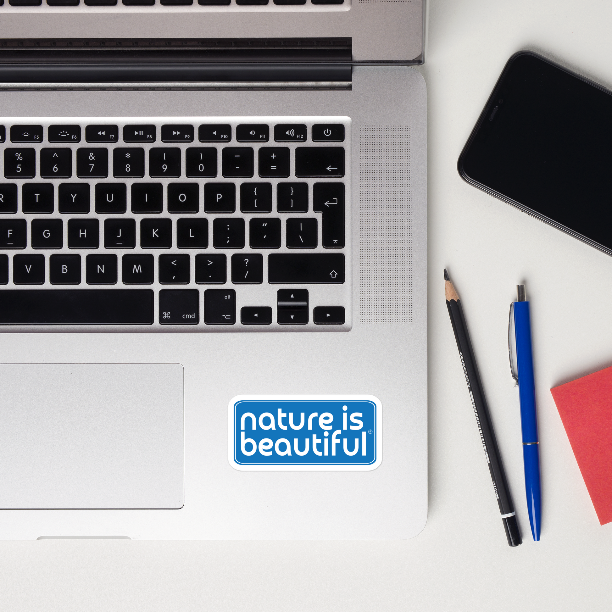 Nature Is Beautiful® Vinyl Bumper Sticker – White Logo on Blue, Bubble‑Free Eco‑Durable Decal