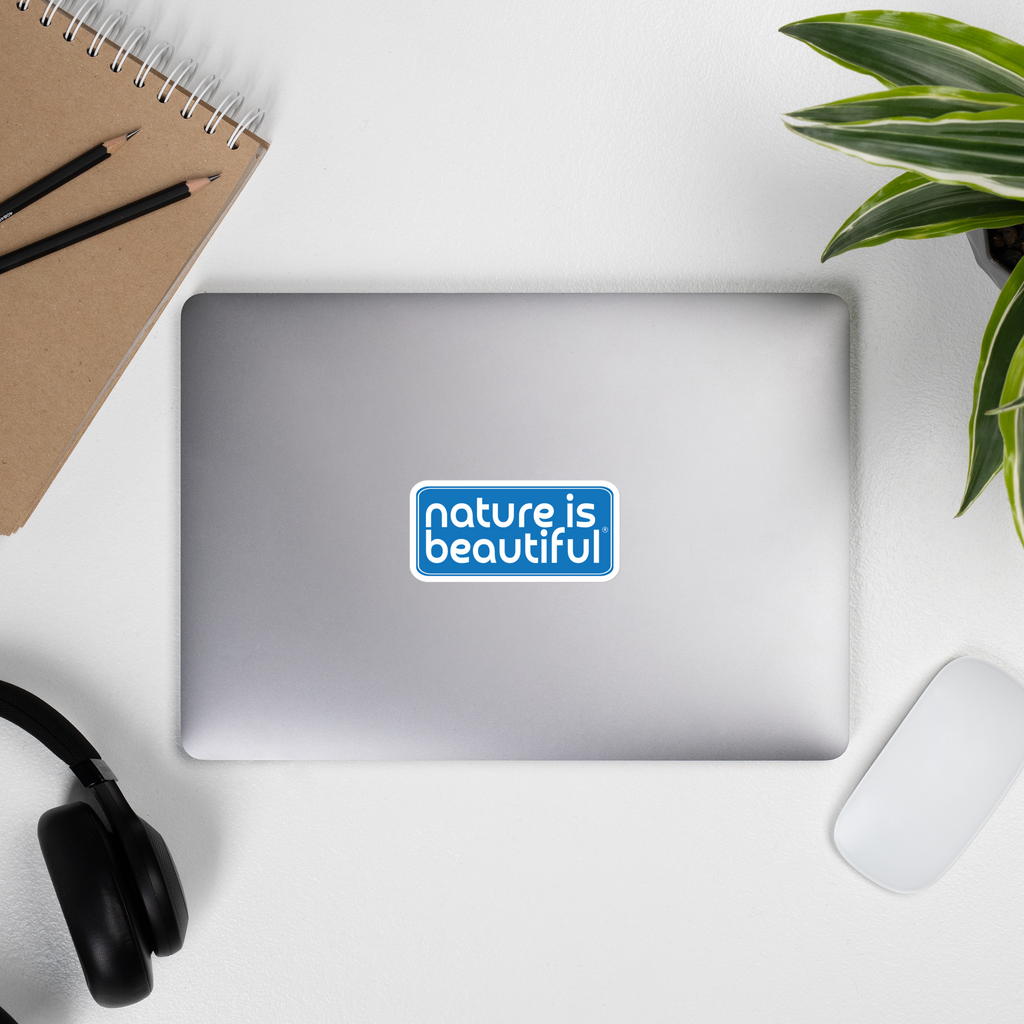Nature Is Beautiful® Vinyl Bumper Sticker – White Logo on Blue, Bubble‑Free Eco‑Durable Decal