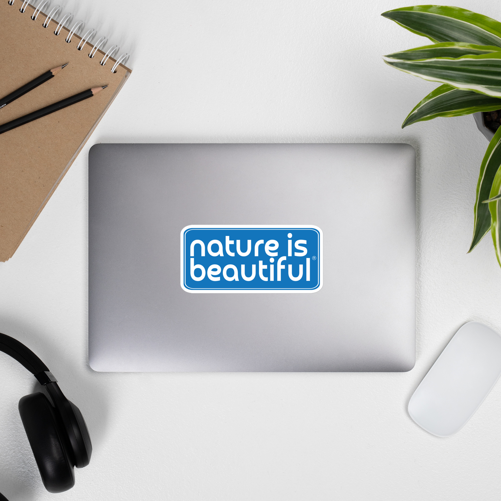 Nature Is Beautiful® Vinyl Bumper Sticker – White Logo on Blue, Bubble‑Free Eco‑Durable Decal