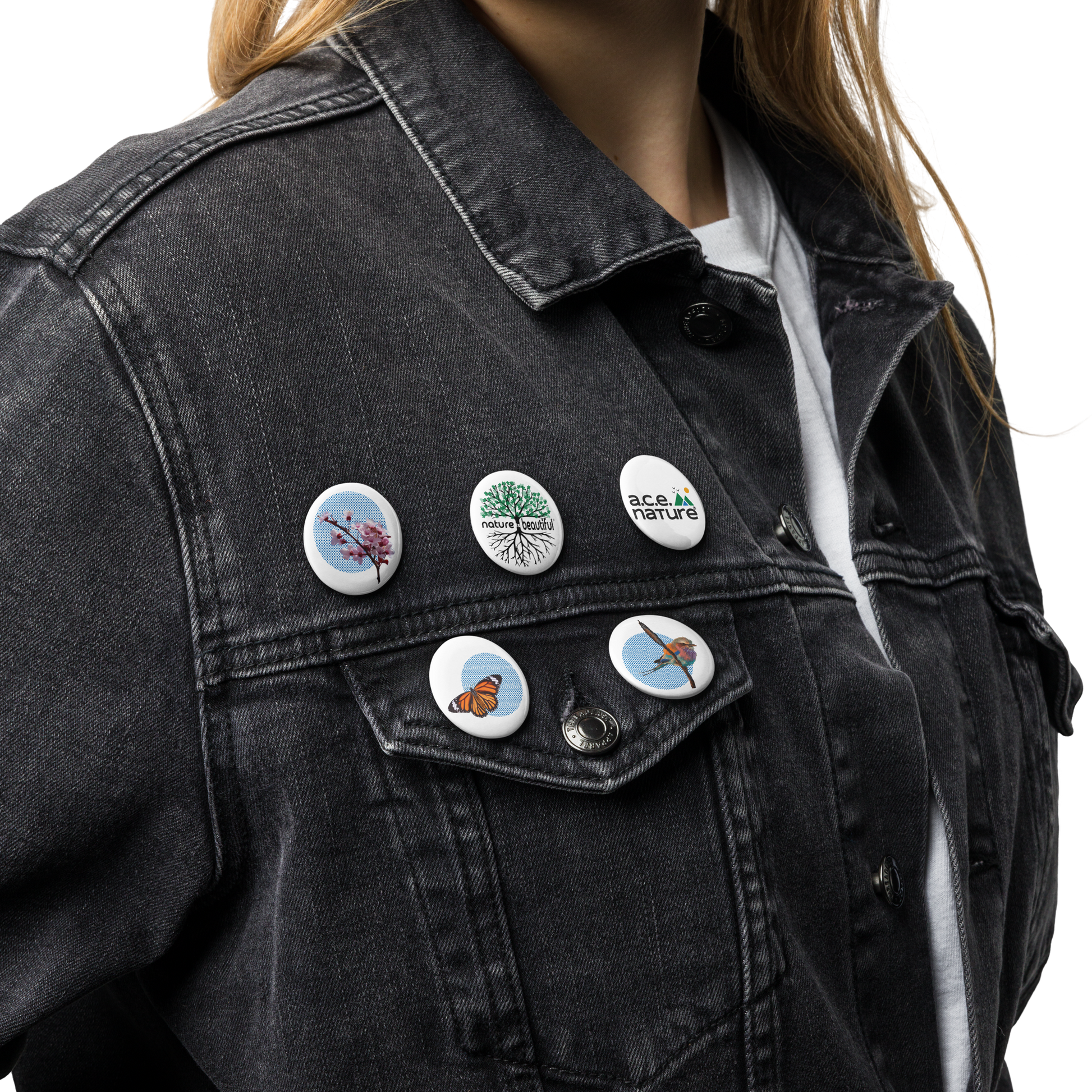 Nature Is Beautiful® “Rooted & Winged” Limited‑Edition 5‑Pin Collector Set – Rooted NIB Logo, a.c.e. Nature, Cherry Blossom, Bird‑on‑a‑Reed & Monarch Butterfly Pin