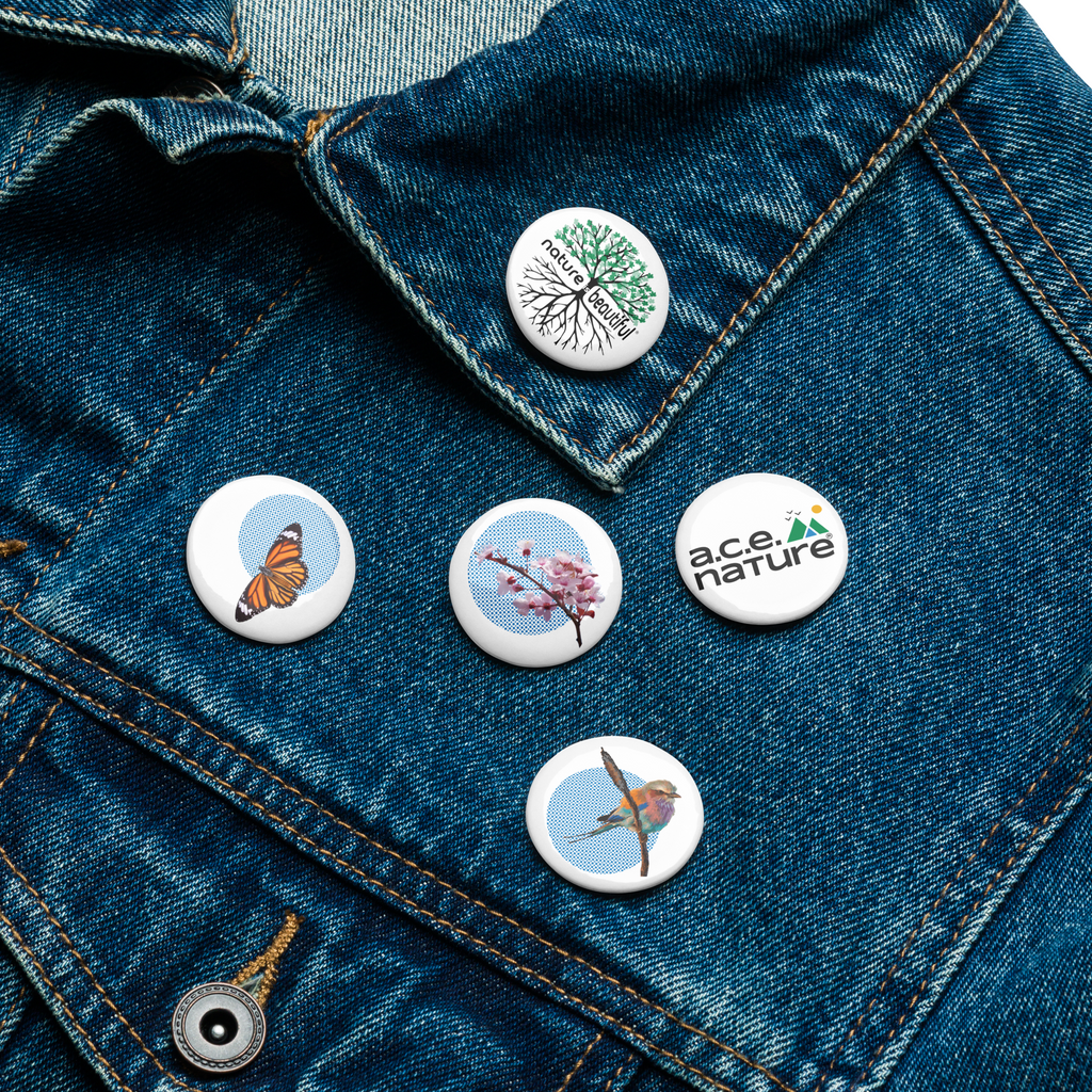 Nature Is Beautiful® “Rooted & Winged” Limited‑Edition 5‑Pin Collector Set – Rooted NIB Logo, a.c.e. Nature, Cherry Blossom, Bird‑on‑a‑Reed & Monarch Butterfly Pin