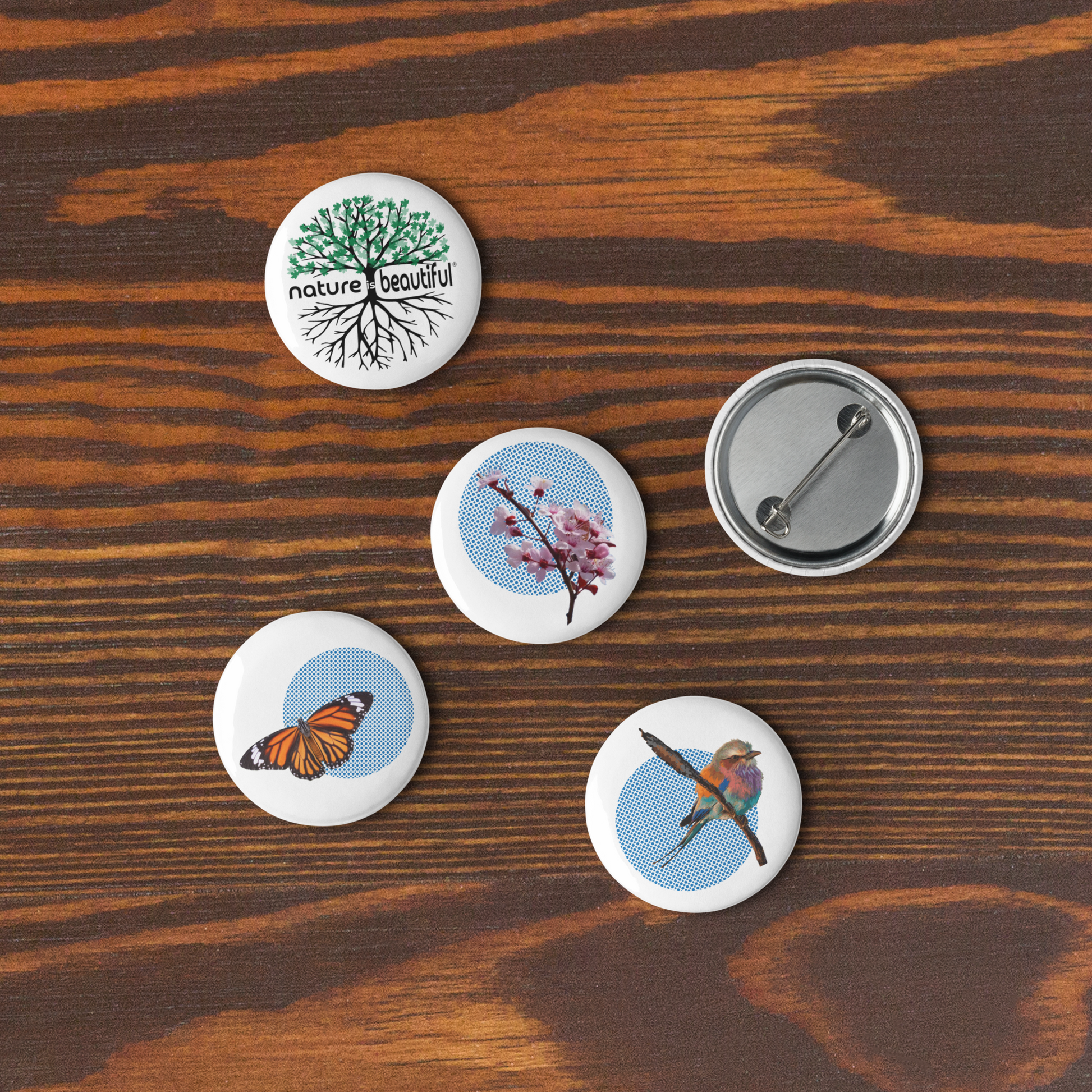 Nature Is Beautiful® “Rooted & Winged” Limited‑Edition 5‑Pin Collector Set – Rooted NIB Logo, a.c.e. Nature, Cherry Blossom, Bird‑on‑a‑Reed & Monarch Butterfly Pin